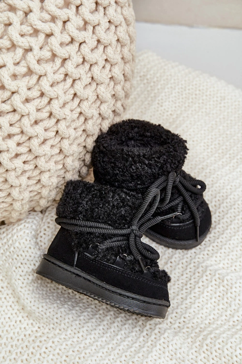 Ciepłe Botki Śniegowce Dziecięce Wiązane Czarne Asija