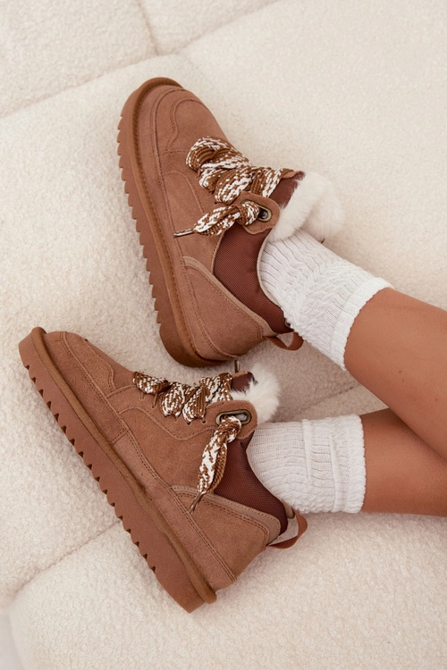 Zamszowe Śniegowce Damskie Z Futerkiem I Grubym Sznurowaniem Vinceza 97963 Camel