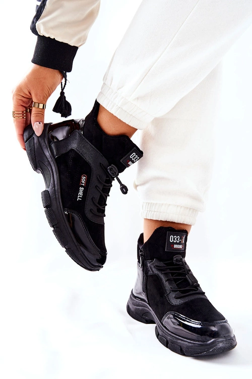 Wysokie Skórzane Ocieplane Buty Sportowe Czarne Merit