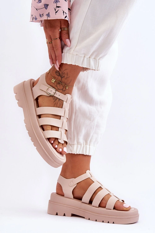 Skórzane Sandały Z Paseczkami Beżowe Colet