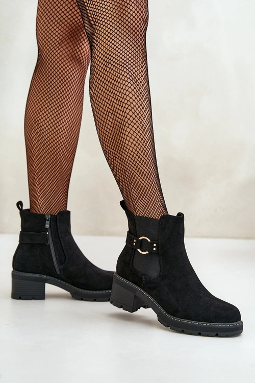 Damskie Ocieplane Botki Sztyblety Na Obcasie Ze Złotym Detalem Eko Zamszowe Czarne Mailta