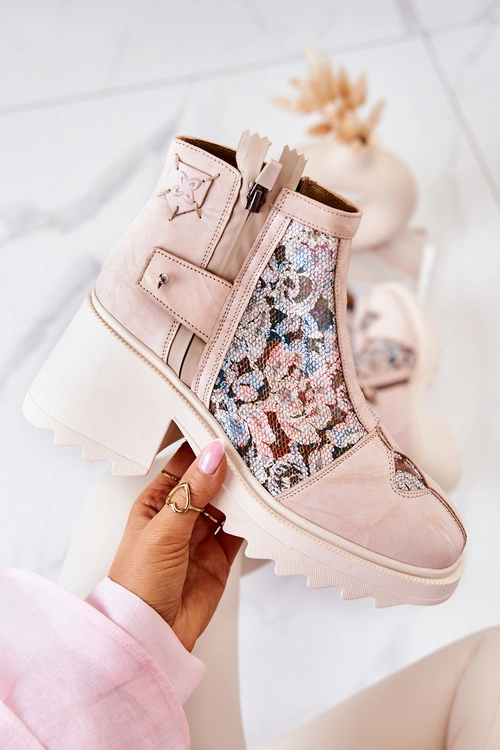 Skórzane Botki Na Masywnym Słupku Maciejka Beżowe 05325-04