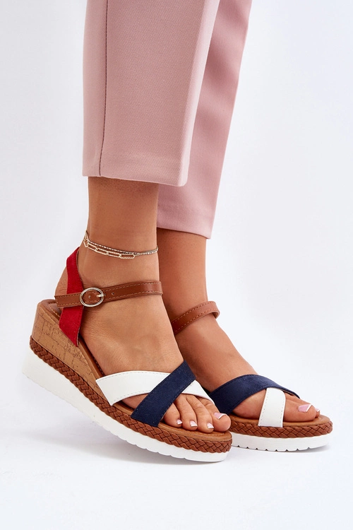 Sandały Na Koturnie Z Paskami Biało-Granatowe Kioda