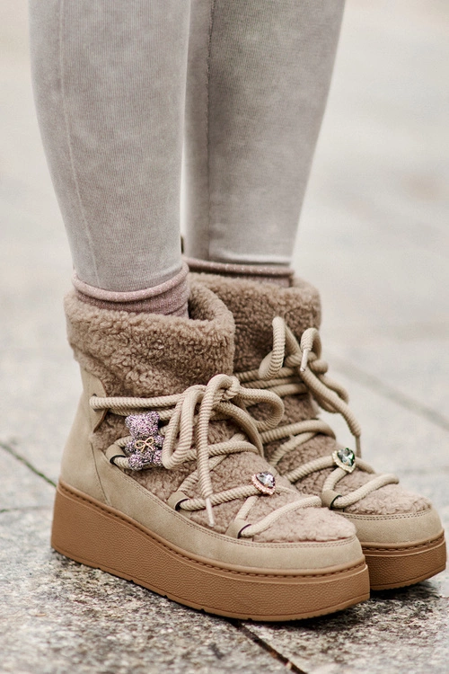 Śniegowce Damskie Z Przypinkami I Futerkiem Typu Baranek Brązowe Almatiza