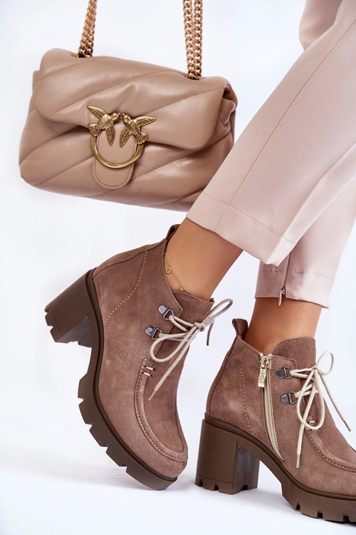 Damskie Zamszowe Botki Wiązane Jasnobrązowe Lemar Marianne