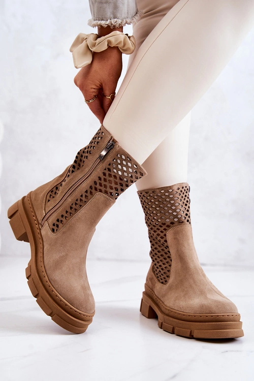 Skórzane Botki Workery Nicole Jasnobrązowe 2711