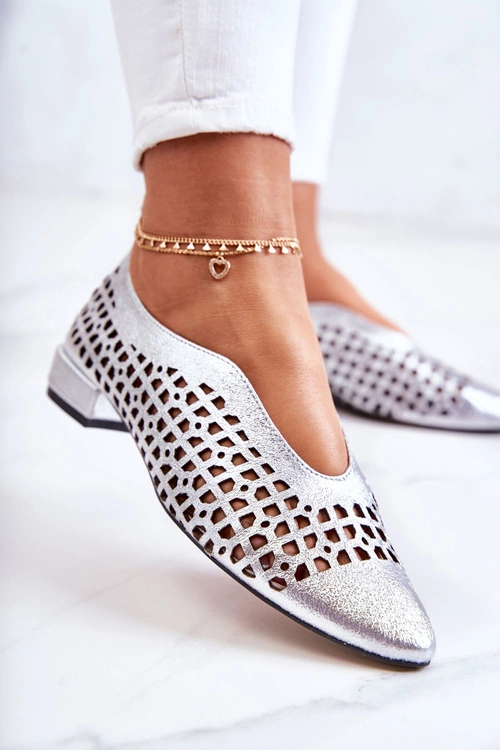 Eleganckie Skórzane Półbuty Ażurowe Srebrne Ismena