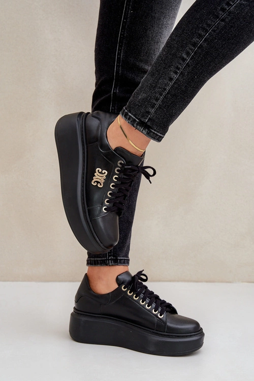Sneakersy Ze Skóry Naturalnej Na Platformie Złota Ozdoba Lewski 3428 Czarne