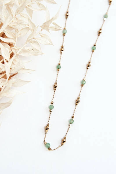 Damski Naszyjnik Z Zielonymi Koralikami Złoty