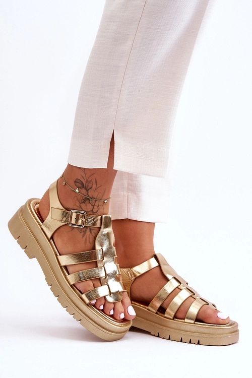 Skórzane Płaskie Sandały Z Paseczkami Złote Diosa