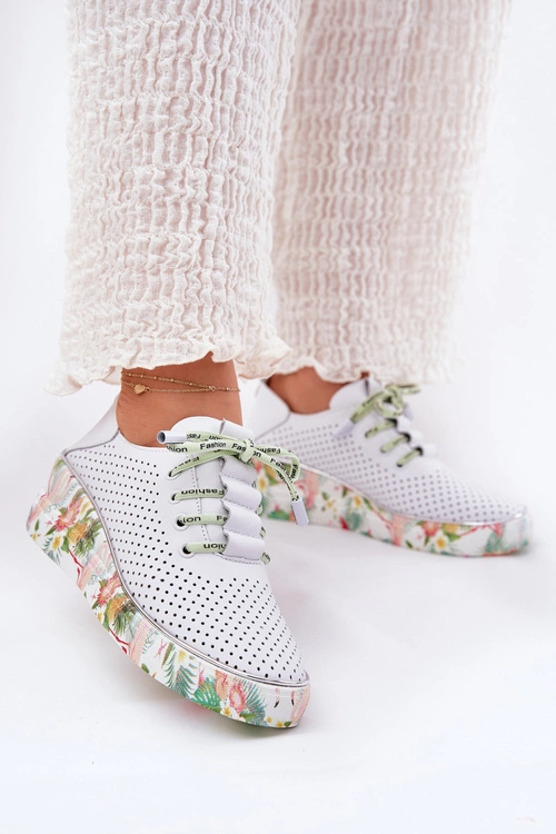 Skórzane Półbuty Na Koturnie Ze Wzorem Artiker 54C1807 Biało-Zielone