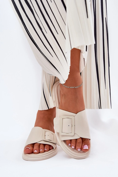 Skórzane Klapki Damskie Z Klamrą D&A SJ2302-01 Beżowe