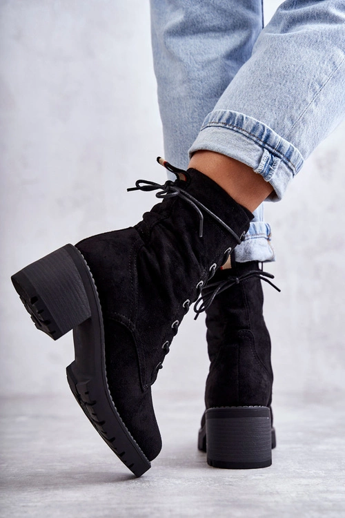 Damskie Ocieplane Botki Trapery Na Obcasie Czarne Julieta