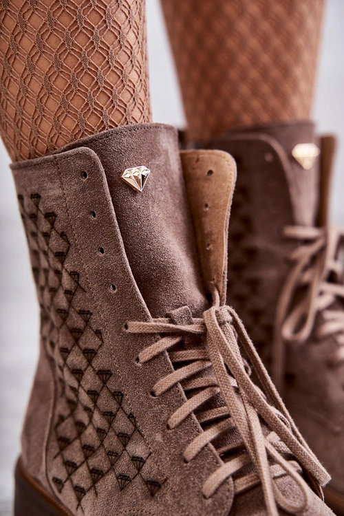 Sznurowane Zamszowe Botki Nicole 2751 Brązowe