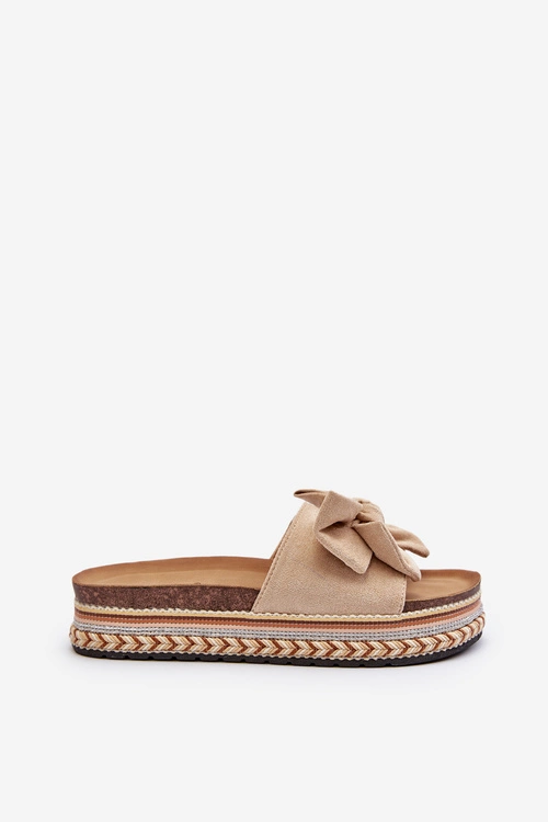 Klapki Damskie Na Platformie Z Kokardą Beżowe Evatria