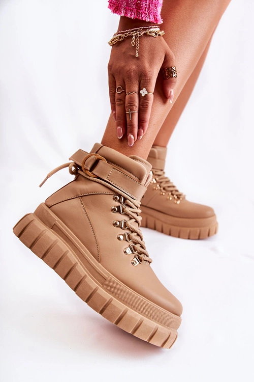 Modne Damskie Botki Na Platformie Z Paskiem Beżowe La Blanca