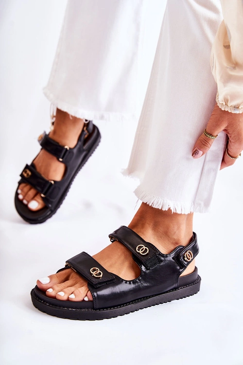 Damskie Skórzane Sandały Z Ozdobą Czarne Halis