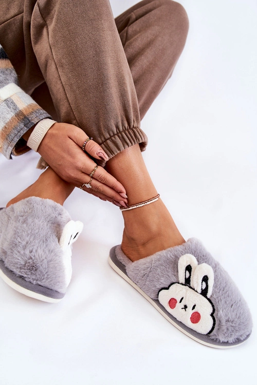 Damskie Futrzane Papcie Z Królikiem Szare Trisha