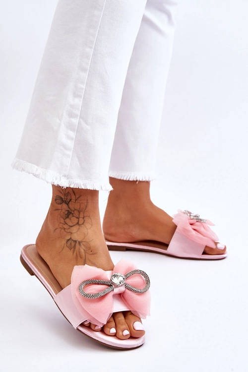 Damskie Klapki Z Kokardą I Cyrkoniami Różowe Jolene