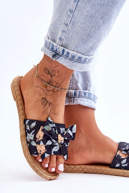 Damskie Klapki Z Materiałową Kokardą Czarne Blossom