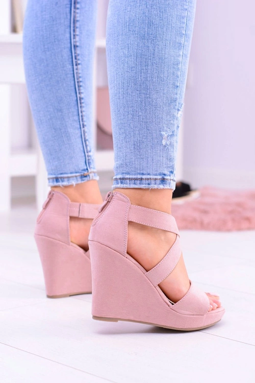 Wygodne Damskie Sandały Koturny Mirabet Pudrowy Róż