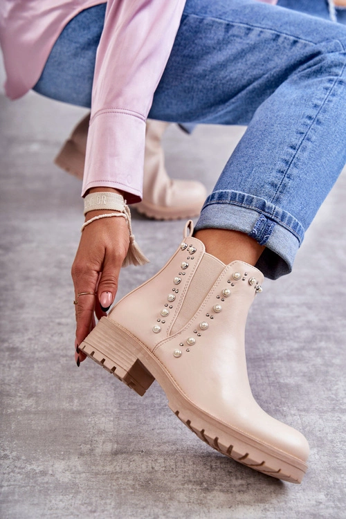 Skórzane Botki Workery Beżowe Ferra