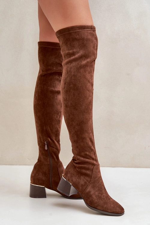 Kozaki Na Obcasie Klocku Za Kolano Z Eko Zamszu Brązowe Galadi