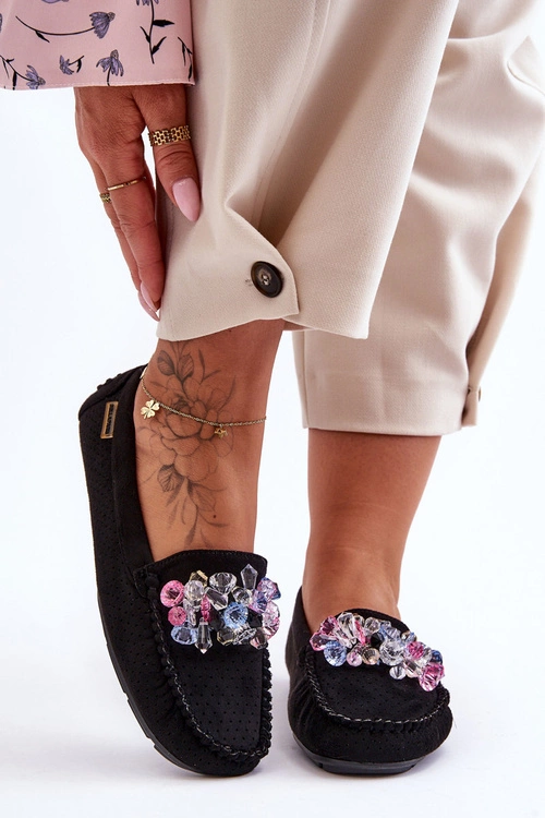 Modne Zamszowe Mokasyny Z Ozdobami Czarne Delima