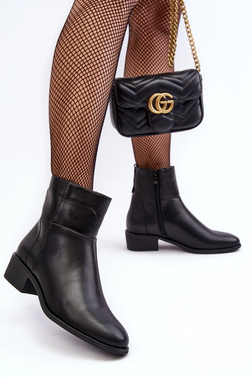 Damskie Skórzane Botki Na Suwak Czarne Semotti