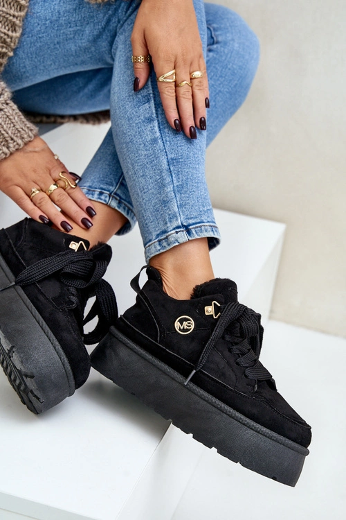 Ocieplane Futerkiem Sneakersy Damskie Na Platformie Czarne Velarisea