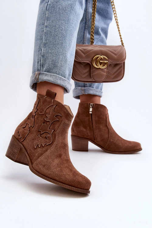 Zazoo 3426 Damskie Zamszowe Botki Kowbojki Brązowe