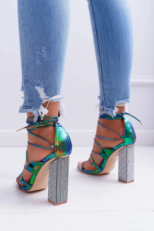 Sandały Damskie Na Słupku Z Cyrkoniami Benzynowe Wiązane Everything