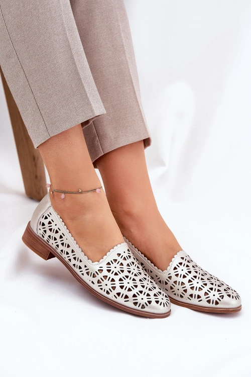 Skórzane Ażurowe Mokasyny Damskie S.Barski LR51-646 Złote