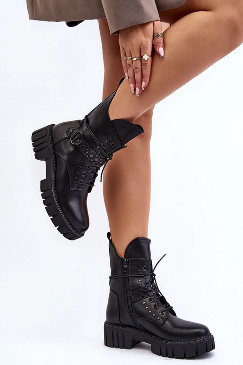 Zdobione Botki Workery Damskie Czarne Vestara