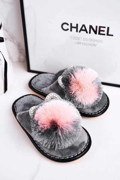 Dziecięce Klapki Papcie Z Pomponem Szare Cinderella