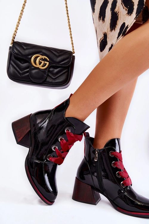 Lakierowane Ocieplane Botki Sznurowane Czarne Tove