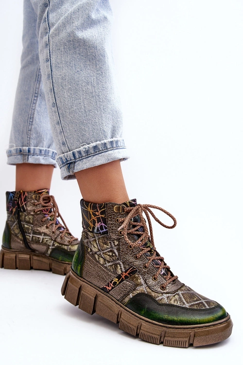 Wzorzyste Botki Damskie Skórzane Maciejka 06145-24 Oliwkowe