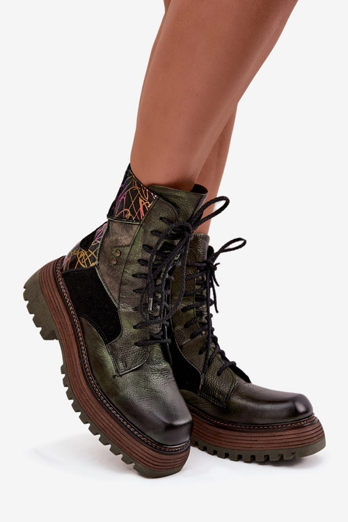 Skórzane Botki Damskie Na Platformie Maciejka 07104-09 Ciemnozielone