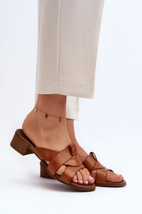 Zazoo 40236 Skórzane Klapki Damskie Na Niskim Obcasie Brązowe