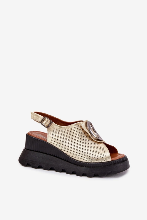 Skórzane Sandały Damskie Na Koturnie Z Ozdobą Artiker 56C0109 Złote