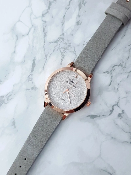 Damski Zegarek Michael John Evento Szary Zamszowy Pasek Brokat