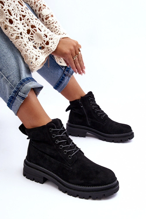 Zamszowe Trapery Botki Ocieplane Czarne Alden