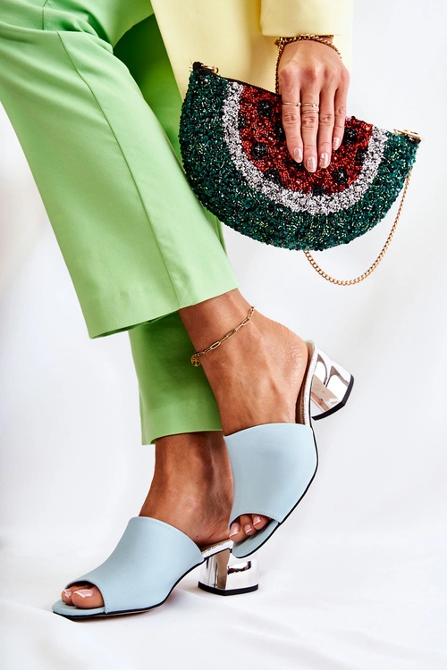 Skórzane Klapki Damskie Na Obcasie Niebieskie Perry