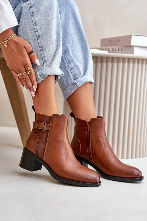 Botki Damskie Ocieplane Na Słupku Z Klamrą Camel Nevillira