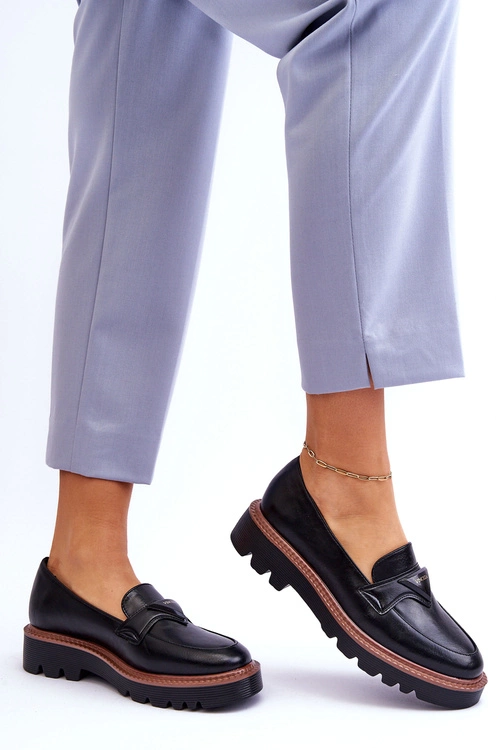 Skórzane Damskie Mokasyny Na Platformie Z Ozdobą Czarne Jonett