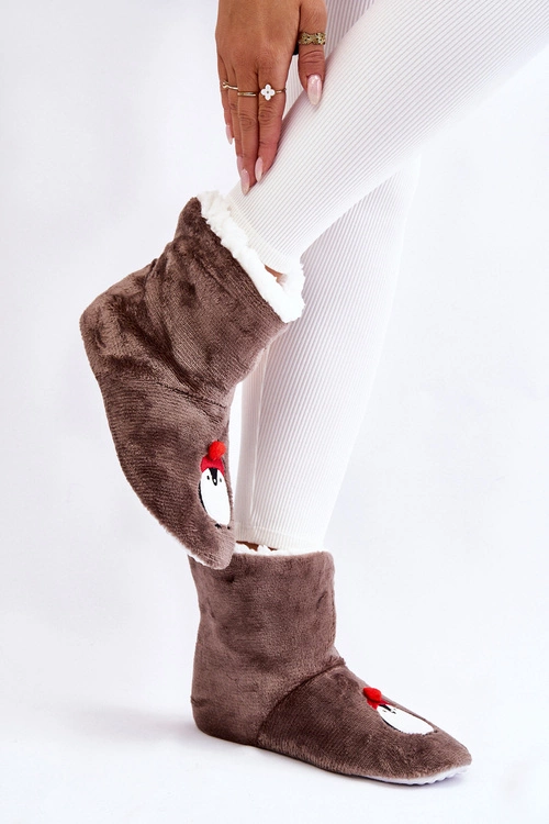 Damskie Wsuwane Ocieplane Papcie Z Pingwinami Ciemnoszare