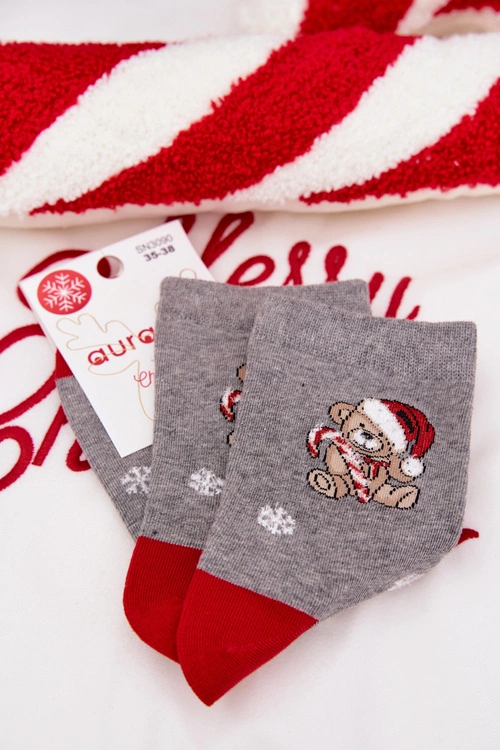 Skarpetki Damskie Świąteczne Śnieżynki Miś W Czapce Mikołaja Ciemnoszare