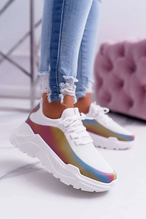 Sportowe Damskie Buty Gruba Podeszwa Holograficzne Białe Party Up