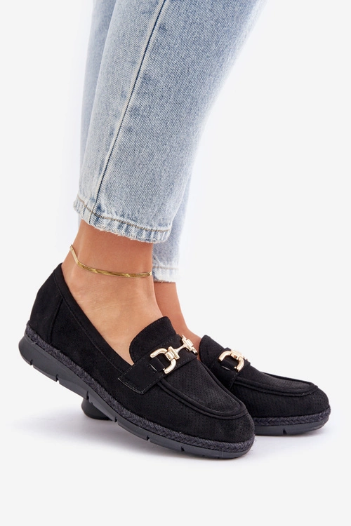 Ażurowe Mokasyny Ze Złotym Detalem I Jutową Plecionką Czarne Lainer