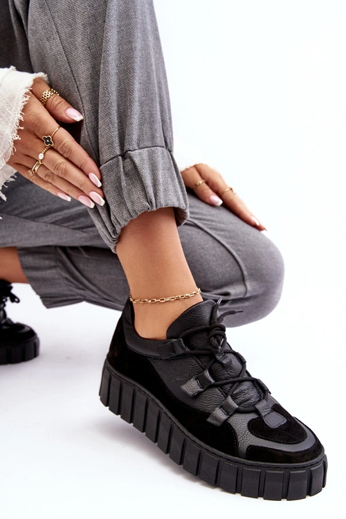 Damskie Skórzane Buty Sportowe Na Platformie M01/1 Zazoo Czarne